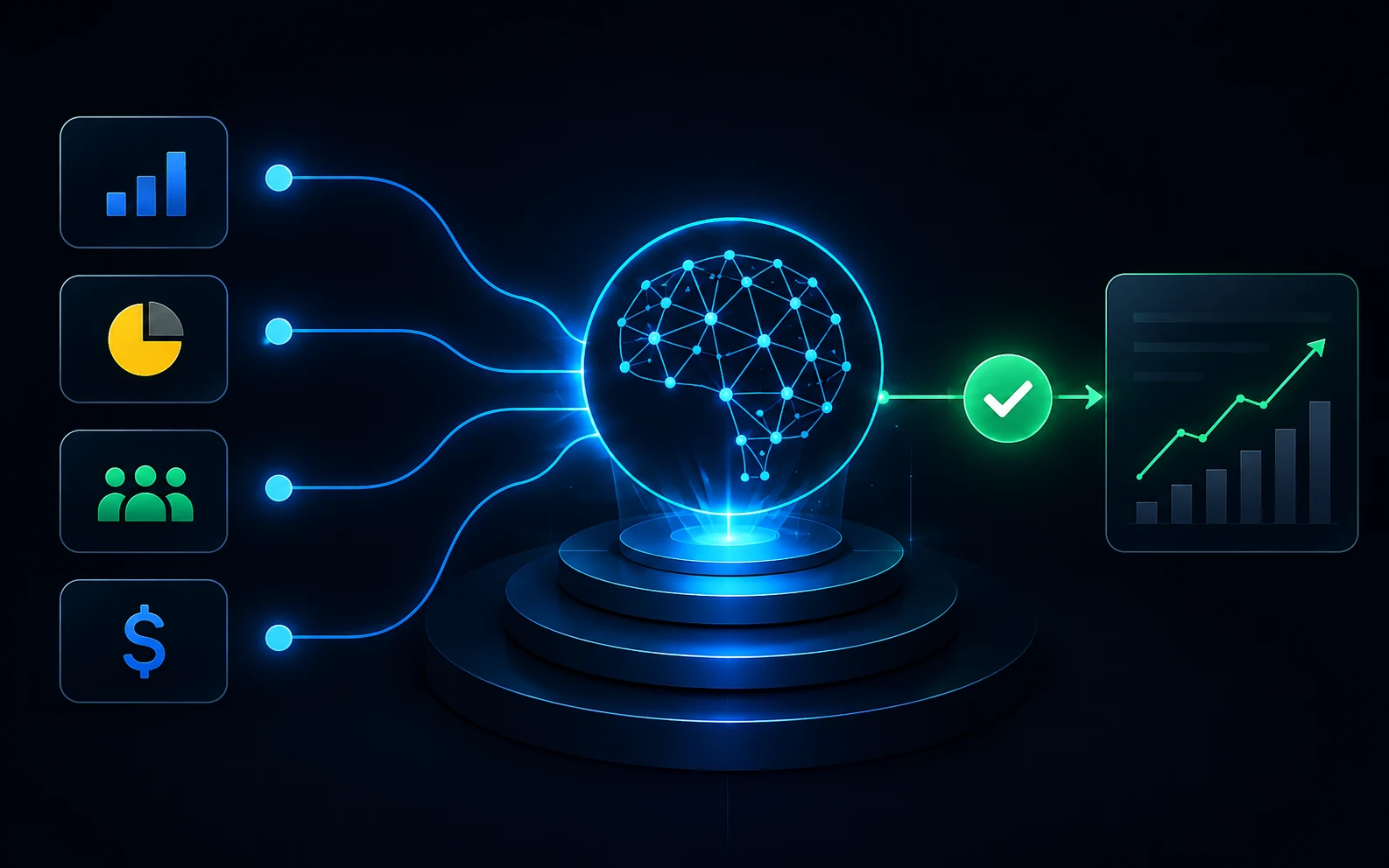 Data from multiple sources flows into a central intelligence layer, producing a clear outcome that drives better decisions.