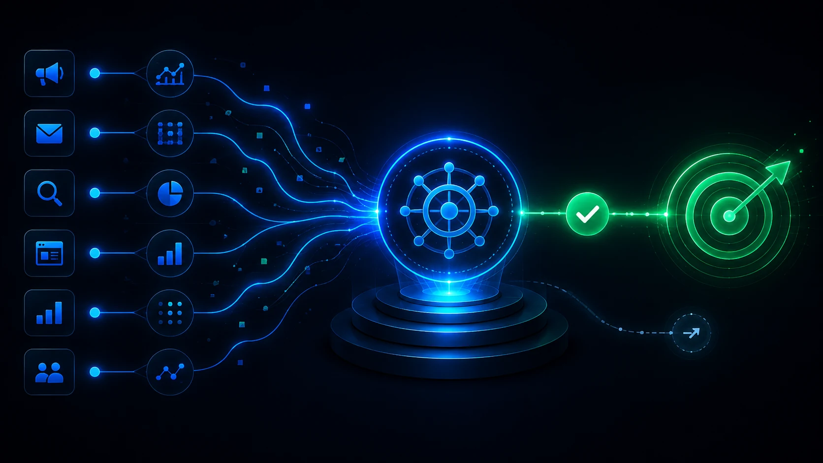 Multiple campaign and data signals flow into a central strategy intelligence layer, which guides decisions toward a clear strategic outcome.