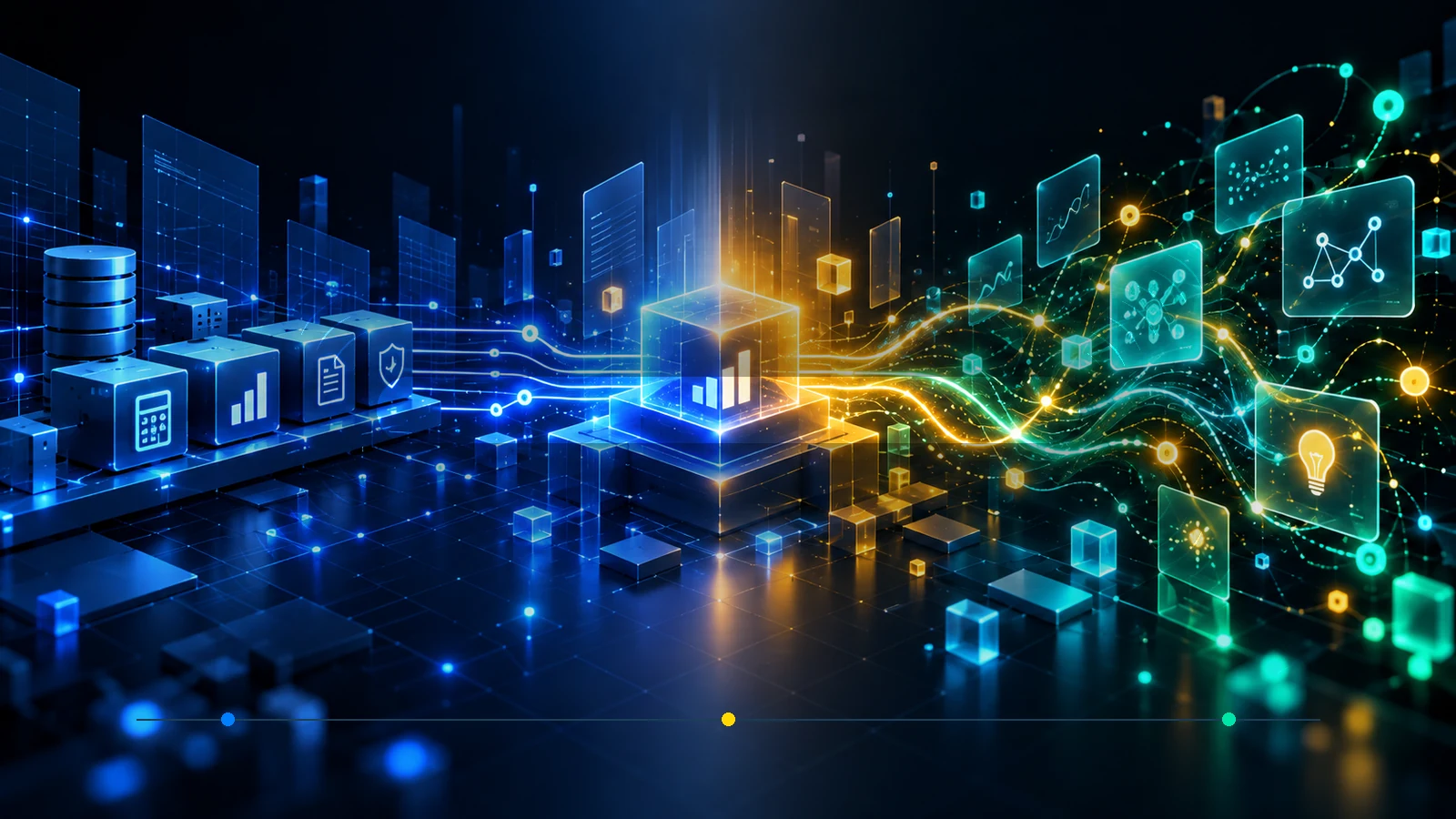Structured deterministic analytics on the left flow through a controlled hybrid core into more exploratory, adaptive agentic reasoning on the right.